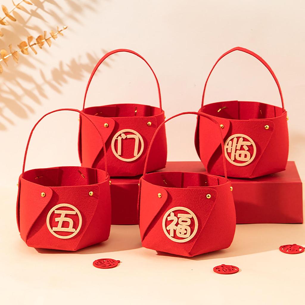 Housewarming Gift Holder 4 Pcs DIY Basket with Handle, Non-woven Fabric Red Basket, Decorative Snack Organizer Good Luck Handheld for Chinese