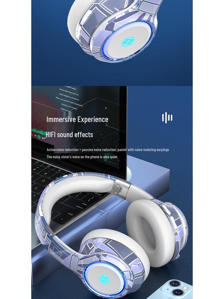 Trendy Bluetooth 5.2 Over-Ear Headphones with LED Lights and Foldable Design
