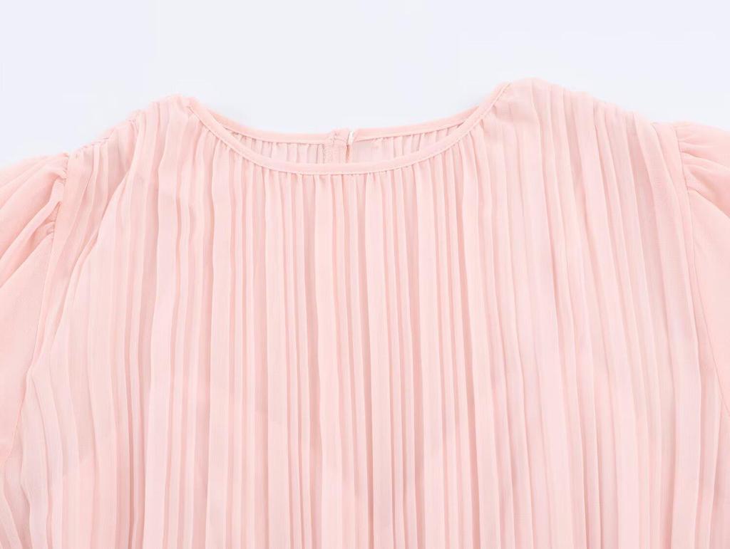 2026 Spring Women's European Style Pink Chiffon Long Dress with Short Sleeves