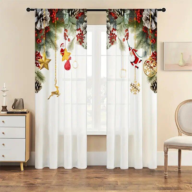 2 Pieces - Christmas atmosphere printed curtains, pole bag curtains, home decoration, room decoration