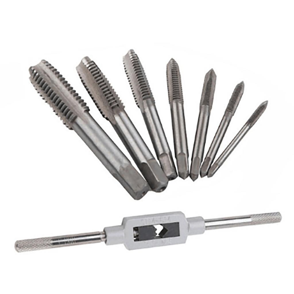 8PCS Straight Slotted Tap Silver High Speed Steel Straight Flutes Screw Threading Tap with Drift Holder for Wood