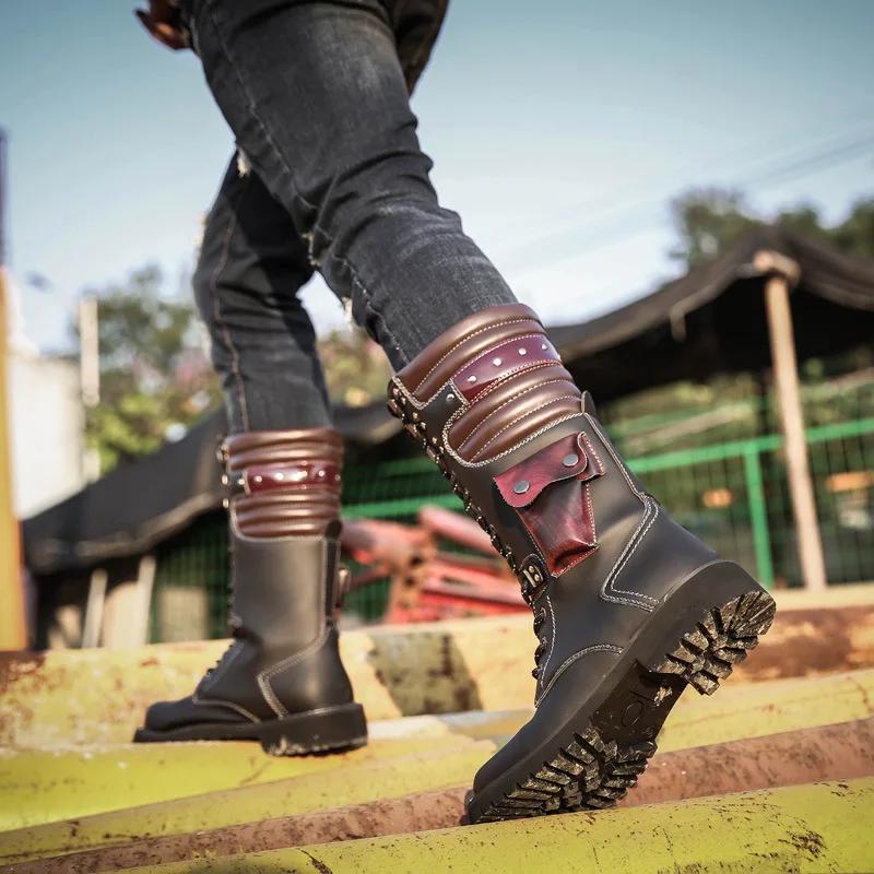 Fashion Men Knee High Leather Boots Winter Male Motorcycle Boots Gothic Punk Shoes Mens Outdoor Military Casual Tooling Boots Man