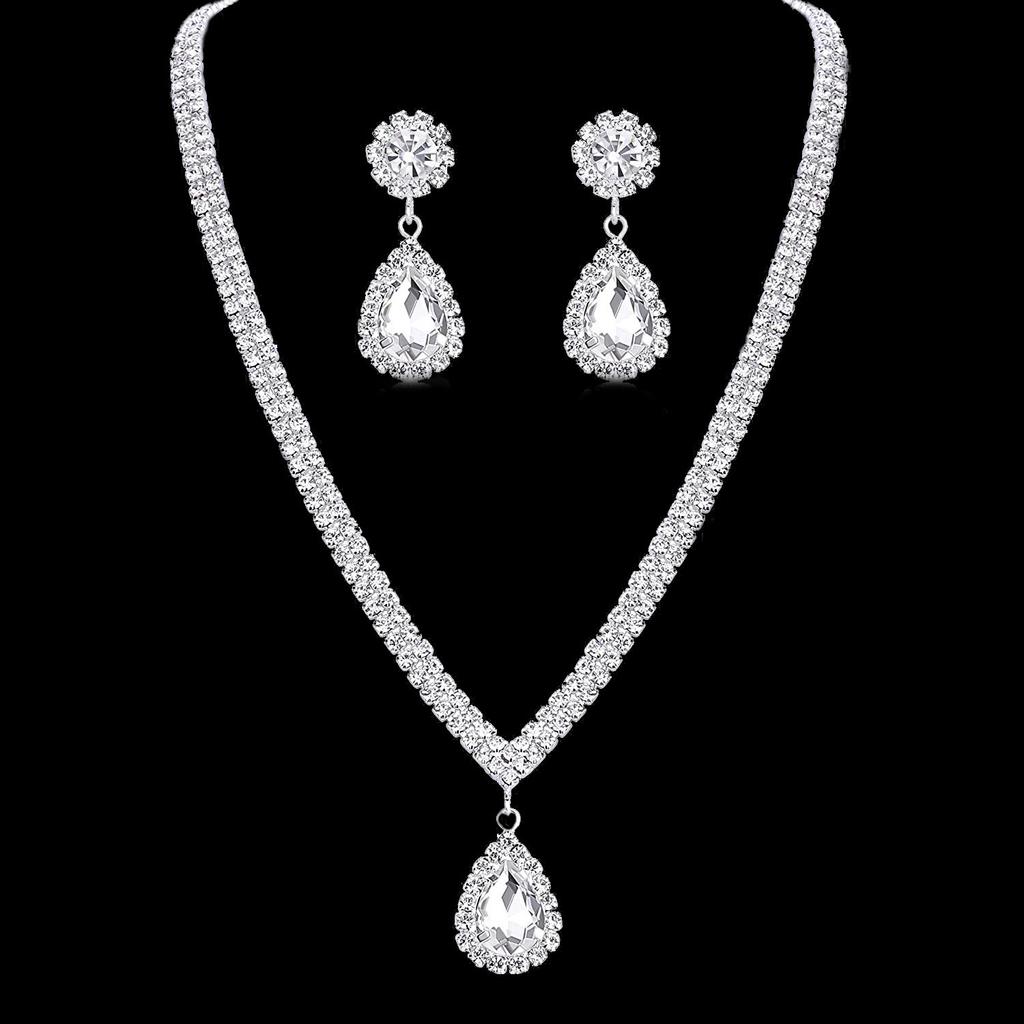 Simple, Bridal Set Accessories Korean Full Diamond Water Drop Set Noble and Elegant Wedding Accessories