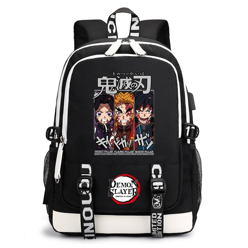 Demon Slayer Anime Print Student Backpack USB Charging Port Lightweight School Bag for Boys Girls