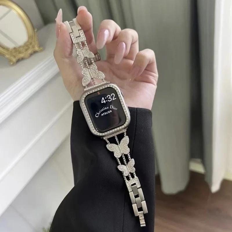 Watchband Metal Strap For Apple Watch Band Ultra 4mm 45mm 40mm 41mm 49mm Bling Butterfly Bracelet Chain for iWatch Series 9 8 7 6 5 SE 4 3