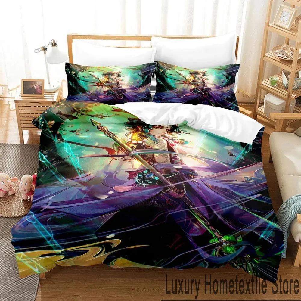 3D Genshin Impact Xiao Anime Bedding Set Duvet Cover Bed Set Quilt Cover Pillowcase Comforter King Queen Size Boys Adult Bedding
