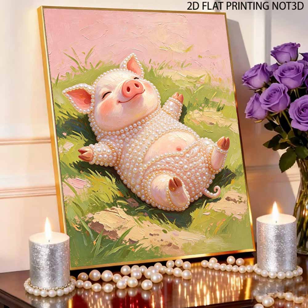 Sparkling Pearl Painting on Stretched Frame Cute Pig Lying on Grass DIY Bead Art Canvas Relaxing Hobby Gift for Craft Lovers Unique Wall Decor