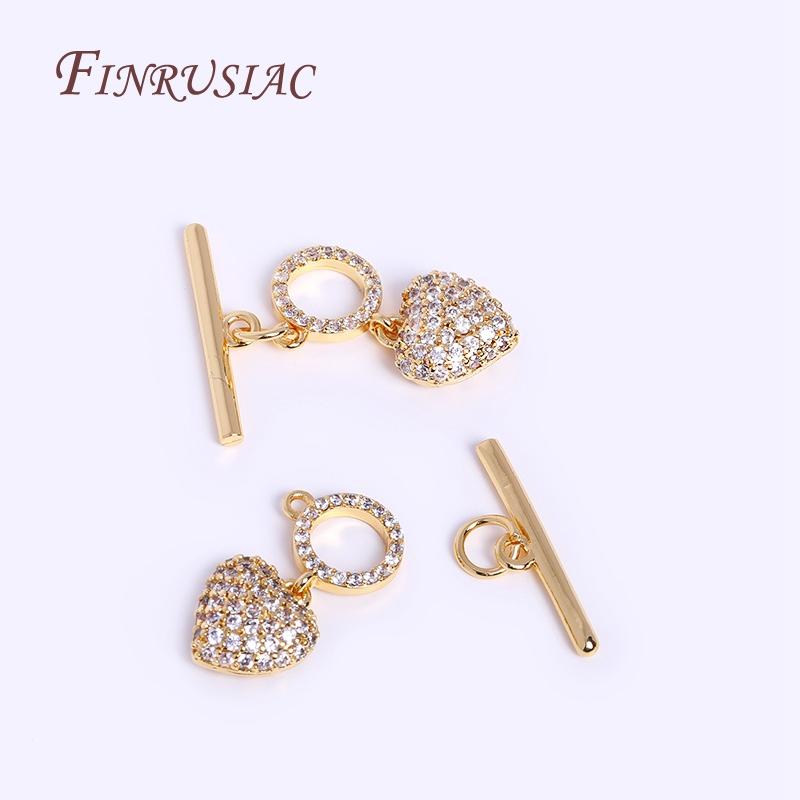 18K Real Gold Plated Heart Shape Toggle Clasp For Jewelry Making,Inlaid Zircon OT Clasp High Quality DIY Jewellery Accessories