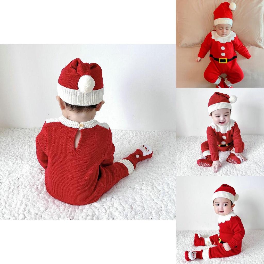 Adorable Christmas Baby Knitted Romper Jumpsuit Outfit W/ Santa Claus Sweater Hat