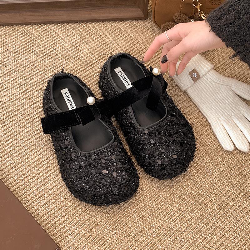 

Модный темпераментный белый ретро-туфли с пайетками и светлым ртом, женские туфли 2025 года, новая весенне-осенняя юбка, французские туфли Мэри Джейн 39 чёрный