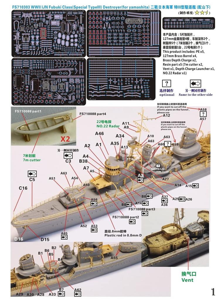Five Star Model World War II Japanese Navy Fubuki Class Destroyer Special 3 Class Destroyer Upgrade Set Yamashita Plastic Model Parts FSM710303 1/700