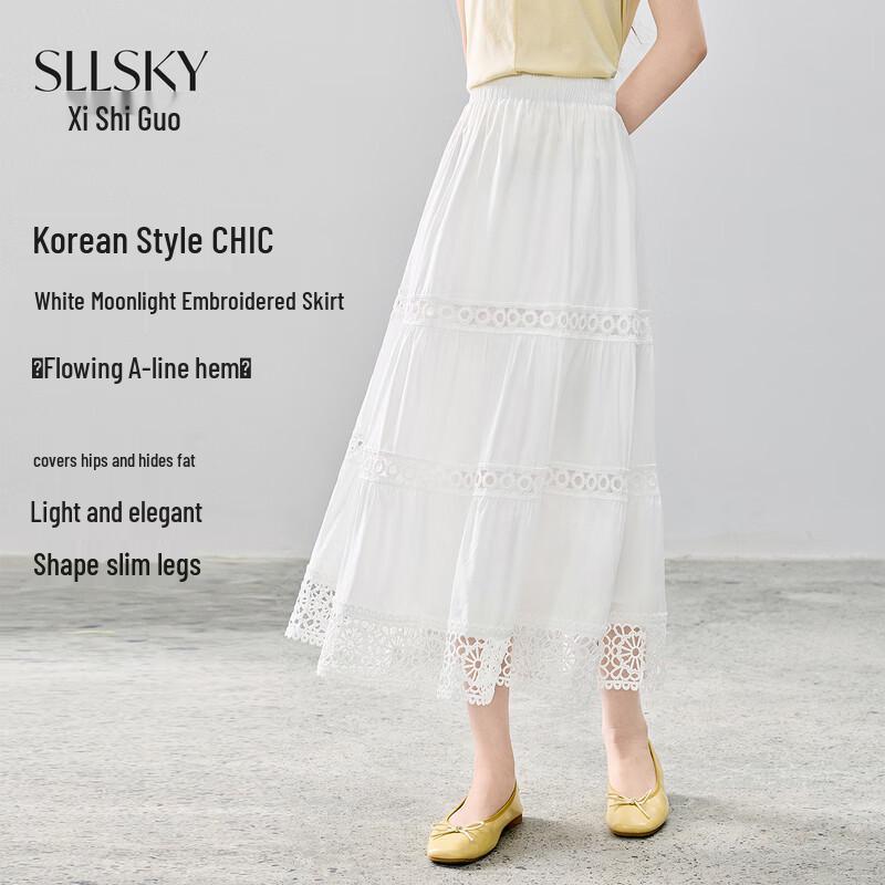Sllsky Korean Chic Hollow-Out White A-Line Skirt S