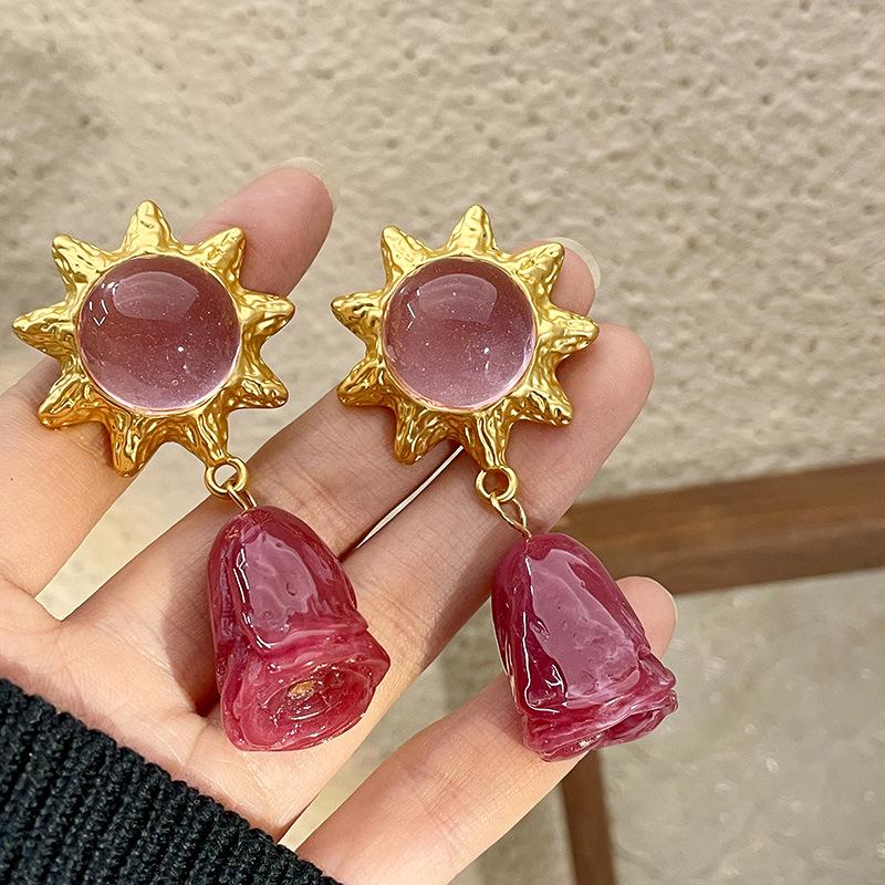 Vintage Pink Crystal Sunflower Stud Earrings with Rose Pendant for Women