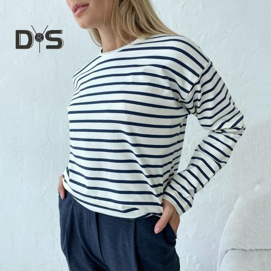 

Весна Осень Женская Полосатая Футболка Базовая Футболка с О-образным Вырезом Длинный Рукав Повседневная Футболка Свободного Покроя Уличная Футболка XL чёрный