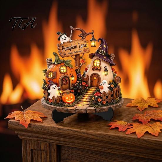 Autumn Seasonal Decorations Halloween Wooden Tabletop Sign, Pumpkin Black Cat Ghost Haunted House Decor Plaque Dining Table Ornaments with Stand,