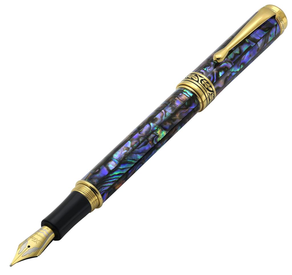 Xezo Maestro Fountain Nib Gift of Writing 18K Paua Each Unique Pen, Medium-Fine (0.45mm Line), Series, Gold-Plated Abalone, Handmade, Serialized,