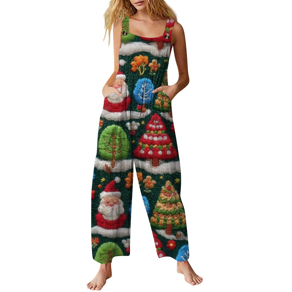 Women's Casual Jumpsuit Sleeveless Christmas Printed Cotton Jumpsuit