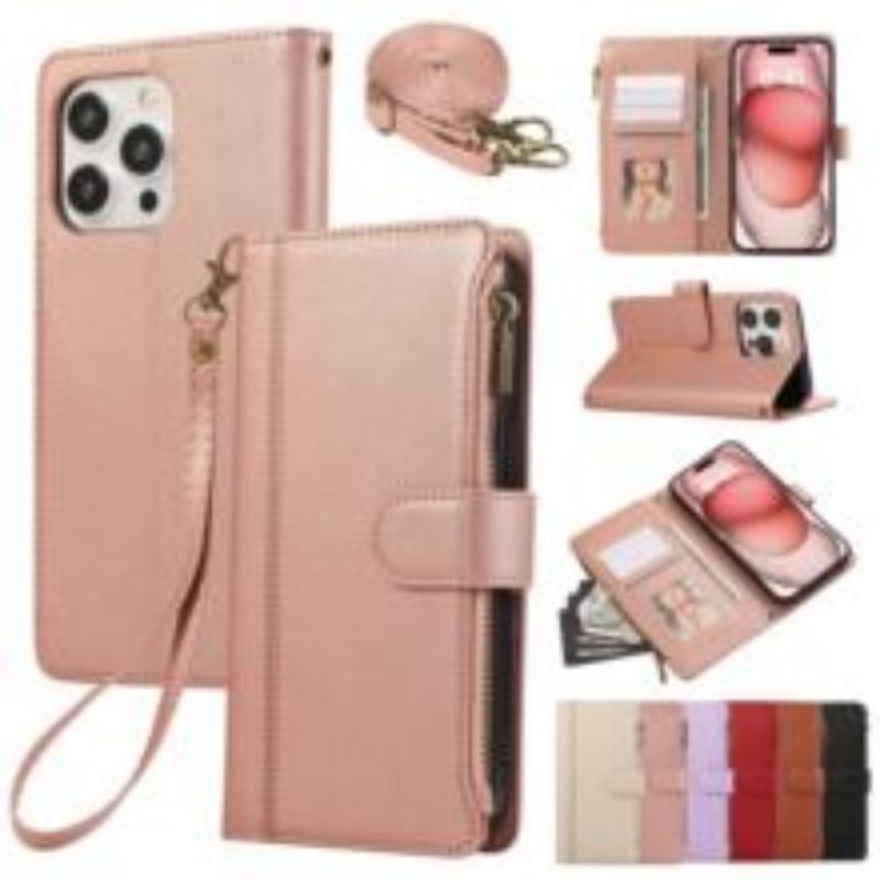 Suitable for Phone17  multiple phone models, Crazy Horse pattern double buckle phone leather case, Apple 16e/15 card insertion sticker protective case