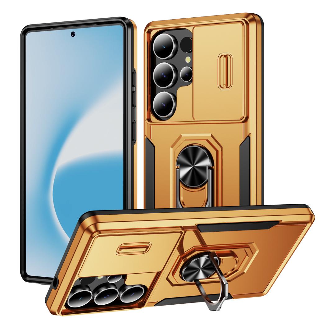 All Inclusive Phone Case with Sliding Window, Creative Metal Paint, Scratch Resistant and Drop Resistant for Samsung Phone Case with Bracket