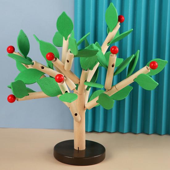 Wooden Building Block Tree Toy Fine Motor Skills Hand Eye Coordination Training Toddlers Educational Yellow Green Leaves Tree Assembly Toy with Base