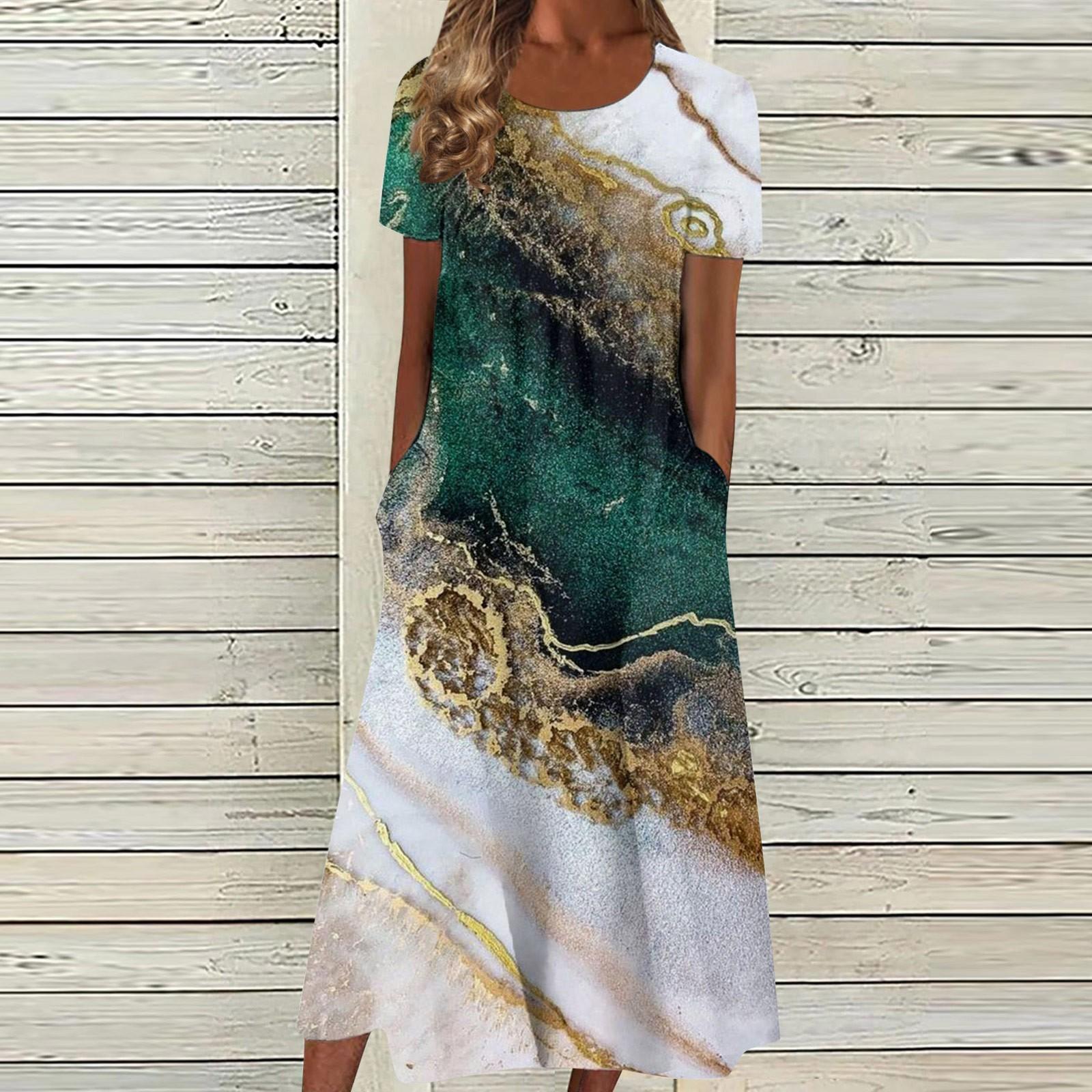 Женское летнее повседневное модное платье с коротким рукавом и карманом с круглым вырезом — фото 7