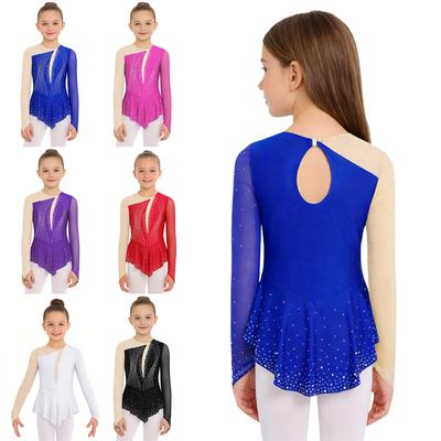 Kids Girls Ice Skating Performance Costume: Long Sleeves with Finger Holes & Keyhole Back, Mesh Patchwork Rhinestones Asymmetrical Hem Dress