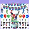 Fournitures pour une fête d'anniversaire sur le thème des Pyjamasques, avec une décoration joyeuse et de la vaisselle festive