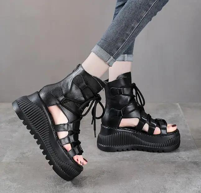 Fashion 8CM Ethnic Cow Genuine Leather Ankle Booties Women Hollow Peep Toe Platform Wedge Breathable Zip Summer Fashion Ladies Shoes