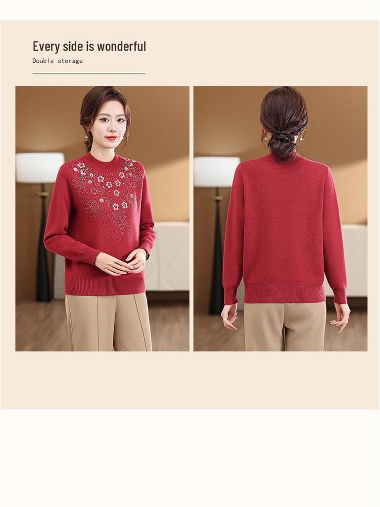 Middle-aged Women's Plus Velvet Knitted Sweater - Winter Base Shirt for Autumn & Winter