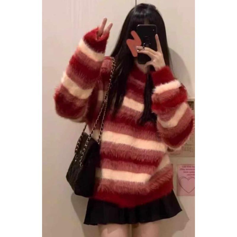 

Осень и зима милый ветер имитация норки флис мягкий восковой свитер женский новый ленивый ветер полосатый вязаный пуловер женский Average size