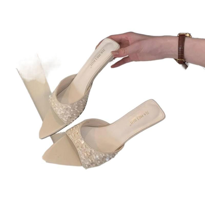 In the summer of 2025, the new sequined open-toed square slippers, one-word slippers, thin heels, medium heels, high heels, and women's sandals.