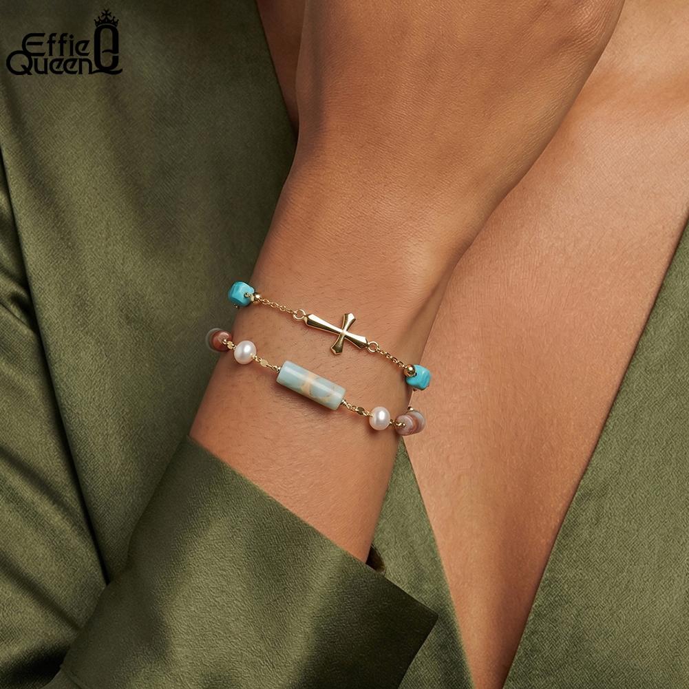 Effie Queen 925 Sterling Silver Dainty Natural Stone Shoushan Freshwater Pearl Bracelet Chain Women's Fashion Jewelry Gift MPB11