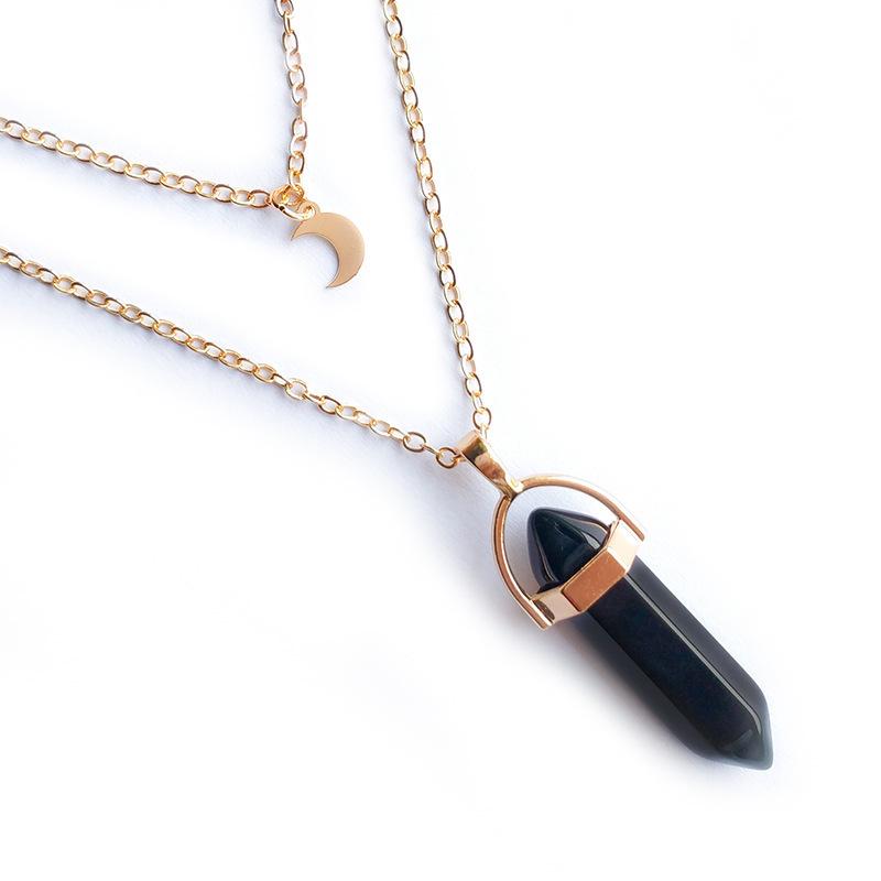 Natural Stone Hexagonal Moon Pendant Double-Layer Necklace - Stylish and Unique