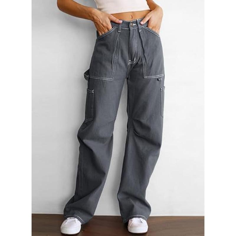 Damen lockere lässige High-Waist gerade Hosen mit sechs Taschen Cargo-Hosen