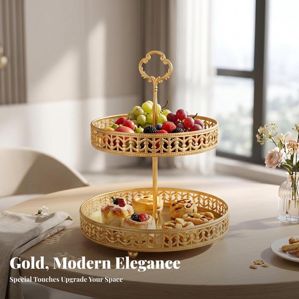 Double Layer Fruit Tray Colored 2 Tier Decorative Leaf Pattern Dessert Stand for