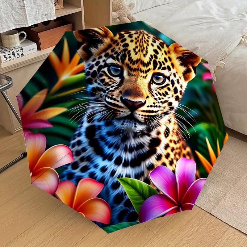 

1pc Leopard Floral Print Fashionable Automatic Opening/Closing Folding Umbrella with 8 Iron Bones, Plastic Handle yy2510150011