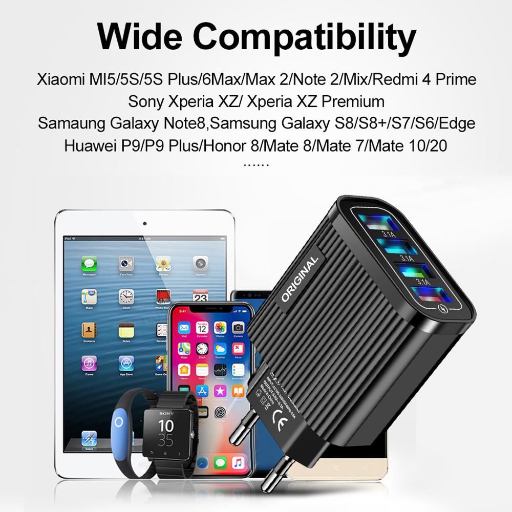 Phone Charger 4 Port USB Fast Mobile Phone Charger Adapter 5V 3A for iPhone Samsung Huawei Xiaomi Quick Charging Power Source