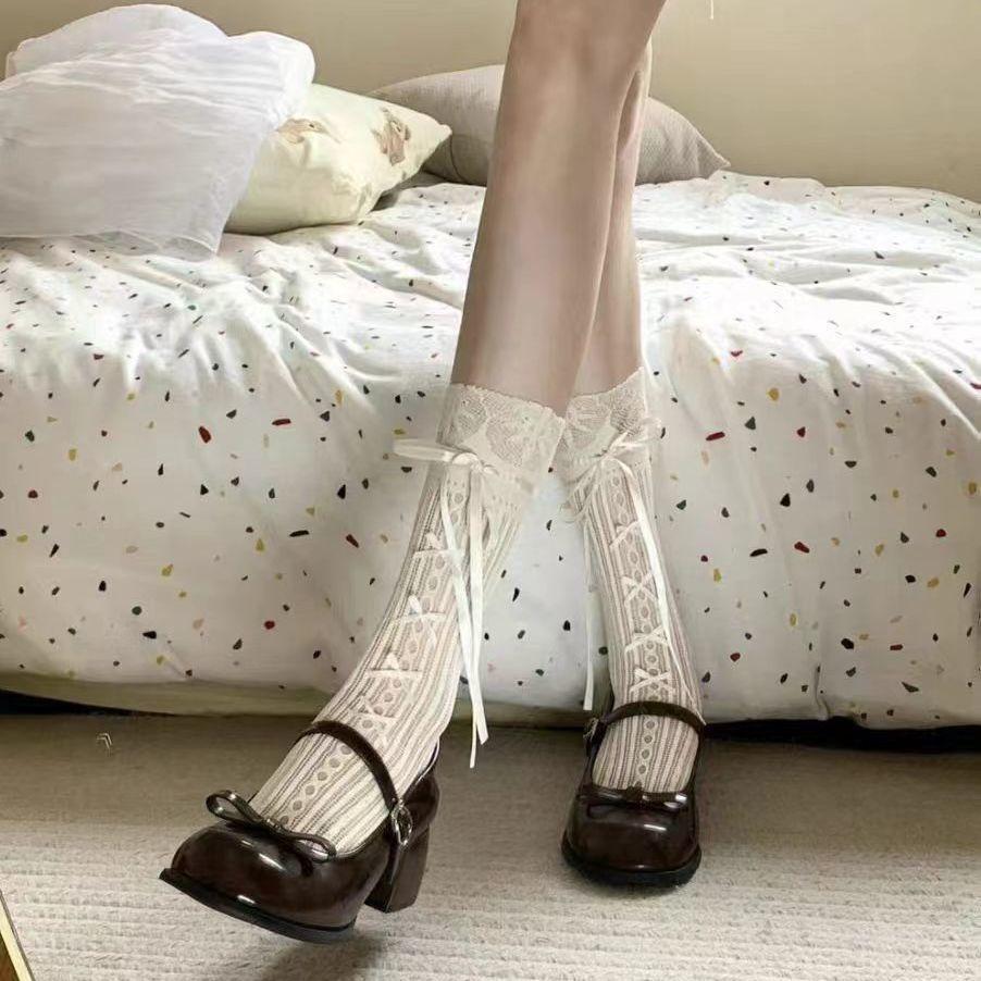 Ballet-Style Girlish Lace Socks | Calf Ribbon Bowknot Hollow White Mesh Non-Slip Slouch Socks