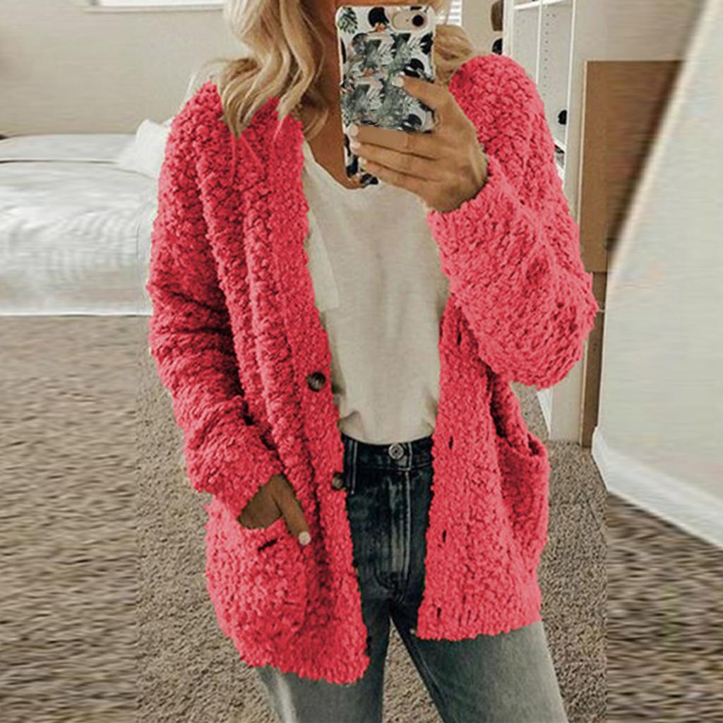 Women'S Fleece Zip Up Jacket Women Casual Plus Size Plush Sweater Pockets Outerwear Buttons Cardigan Coat Ladies Jackets