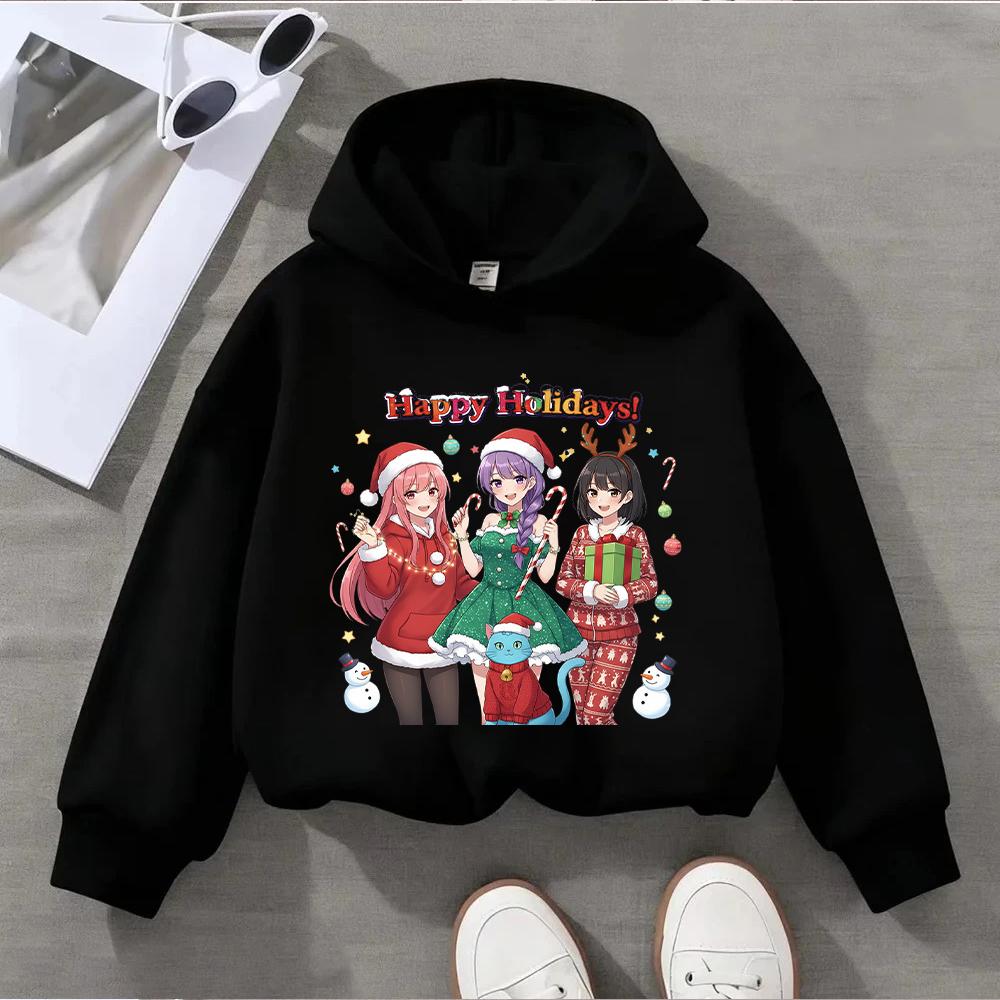 Festive Christmas Kids Hoodie with Adorable Anime Girls and Cute Cat Design for Season's Greetings