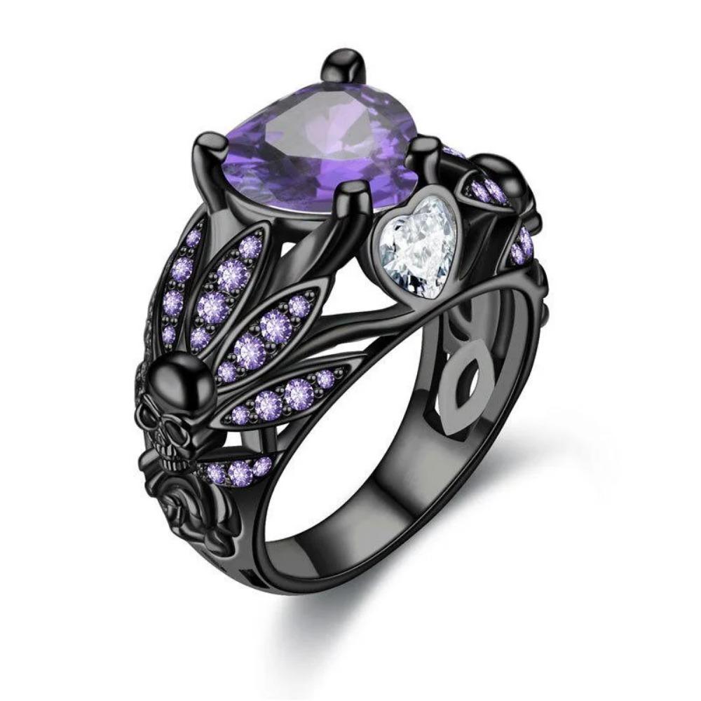 Gothic Black Skull Ring for Women, Purple Crystal CZ Stone, High Quality Statement Ring, Christmas Gift Jewelry for Women
