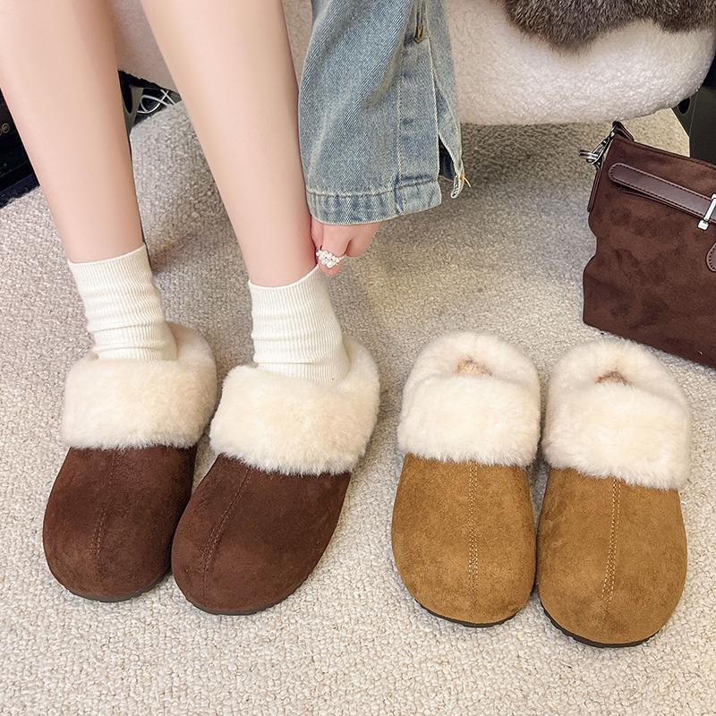 Women's Inside Heightening Low Heel Baotou Half-Drag Winter New Round Toe Scrub Fleece Warm Slippers