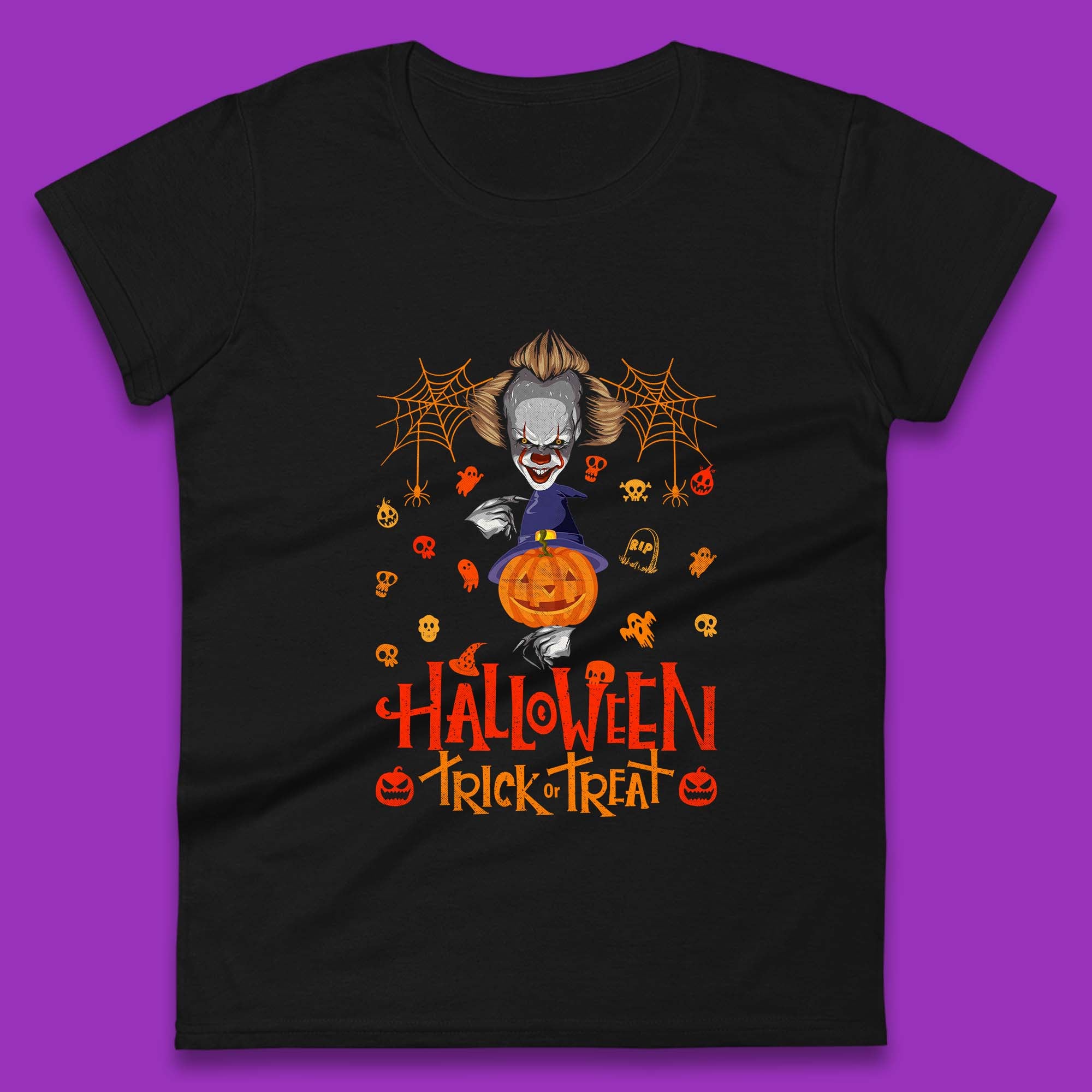 

Halloween Trick Or Treat Witch Hat Pumpkin IT Pennywise Clown Horror Scary Movie Fictional Character Womens Tee T Shirt Mens Tops Unisex Top 3XL
