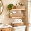 Farmhouse Wicker Basket for Toilet Tank Top - Boho Bathroom Organizer with Solid Wood Handles Neutral Decorative Storage Basket for Living Room Bed