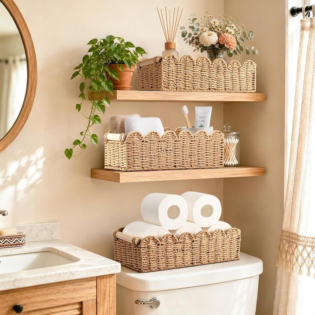 Farmhouse Wicker Basket for Toilet Tank Top - Boho Bathroom Organizer with Solid Wood Handles Neutral Decorative Storage Basket for Living Room Bed