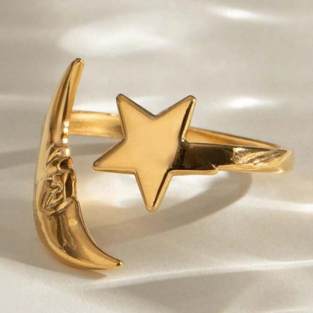 Women's Retro Moon Star Open Adjustable Ring Minimalist Stainless Steel Gold Color Finger Rings Waterproof Jewelry Wholesale