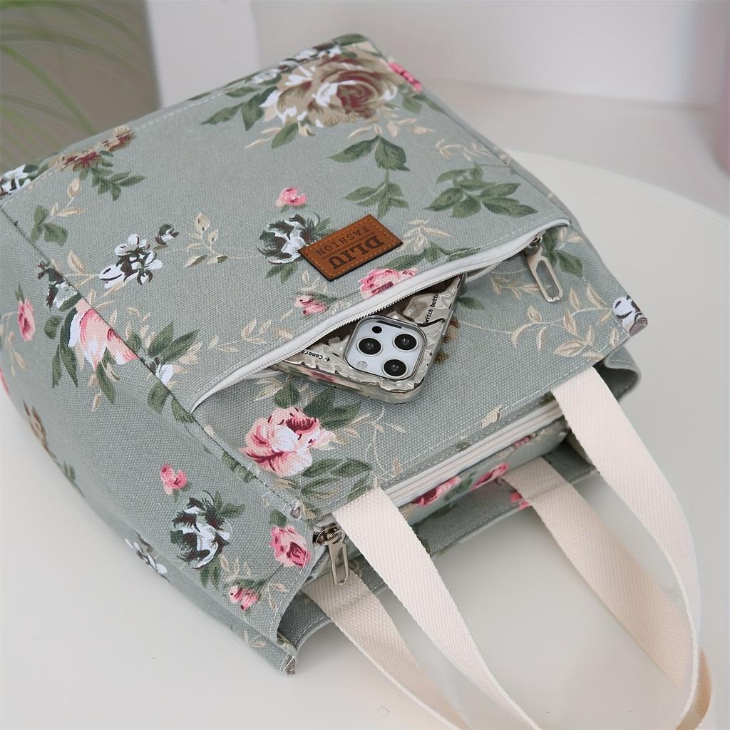 Vintage Floral Fabric Handbag - Thickened Work Tote with Front Zipper Pocket, Portable Cup Box Storage Bag, Semi-Sealed with Zipper Closure