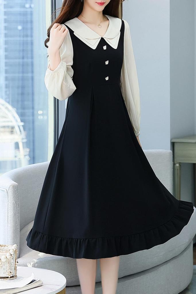 Chubikime Long Sleeve Dress with and Design for a and Feminine Look Women's Midi-Length Flare, Collar, A-Line Slimming, Stylish,