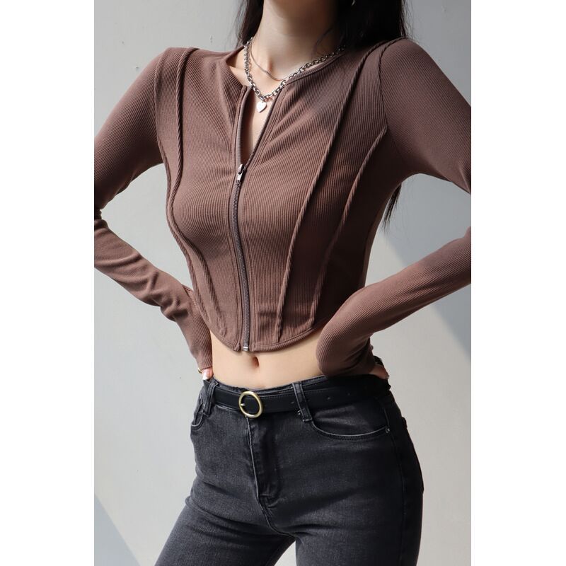 Sexy Zipper Elegant T-shirts For Women High Waist Tees Workout Cycling Sports Tops Girls Casual T-shirts