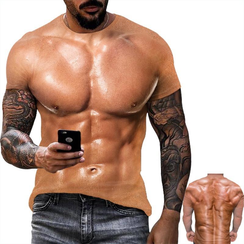 2026 Summer Men's Fashion Trend Personalized Creativity 3D Printing Fake Muscle Print T-shirt Street Casual Fun Short Sleeved